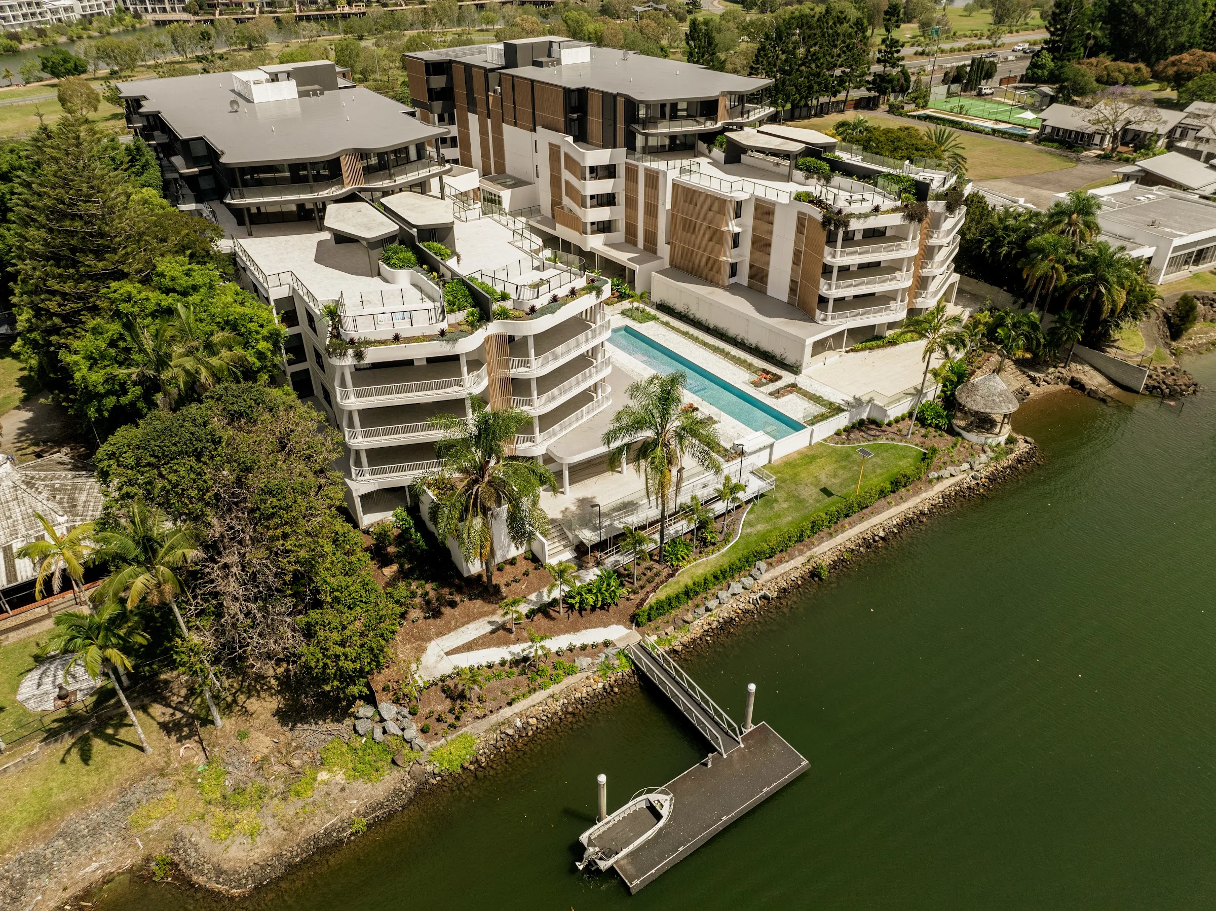 Pontoon and riverside gardens from above